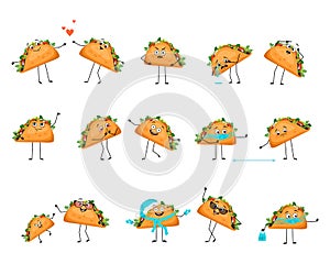 Cute character mexican taco with happy or sad emotions, panic, loving or brave face, hands and legs