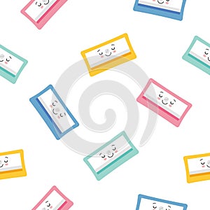 Cute Character Pencil Sharpener Icon Isolated Seamless Pattern On White Background. Cartoon kawaii style