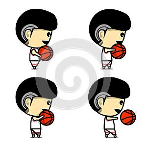 Cute character playing basketball. Throwing, basketball passing. Cartoon basketball player. Set. Illustration vector