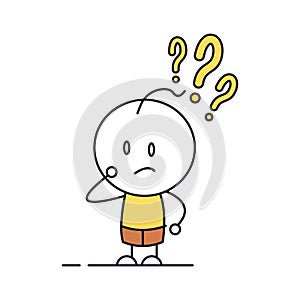 Cute character questioning. Vector thin line doodle icon illustration with little person with 3 question marks stack. Searching