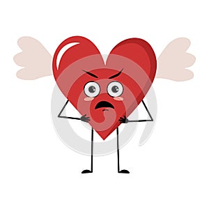 Cute character red heart with wings and angry emotions