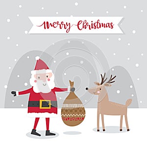 Cute Character Santa Claus and reindeer on snowing background