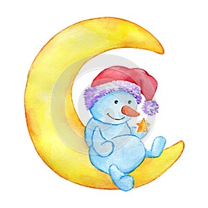 Cute character snowman in a hat sitting on the moon, watercolor illustration hand-drawn