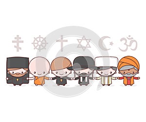 Cute characters. Judaism Rabbi. Buddhism Monk. Hinduism Brahman. Catholicism Priest. Christianity Holy father.