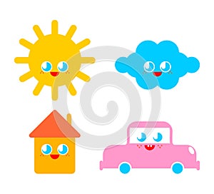 Cute characters set. funny sun and cloud. House and car cartoon style. kids character. Childrens style