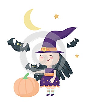 Cute charmed little witch with pumpkin vector illustration
