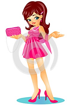 Cute charming brunette girl in high heels with elegant pink dress and holding a clutch bag photo