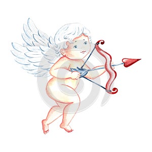Cute charming Cupid with a bow and arrow. Baby Cupid, little angel or god Eros. Watercolor illustration, hand-drawn