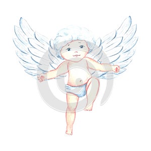 Cute charming Cupid, little angel or god Eros. Watercolor illustration, hand-drawn. Conceptual design for Valentine