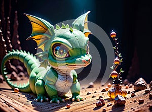 Cute chartreuse baby dragon created with Generative AI photo