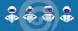 Cute chatbots. Robot assistant, chatter bot, helper chatbot vector cartoon characters