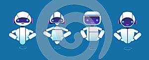 Cute chatbots. Robot assistant, chatter bot, helper chatbot vector cartoon characters photo
