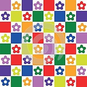 Cute Checkered retro flowers seamless pattern in rainbow colors