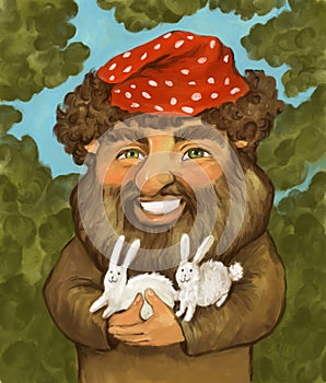 Cute cheerful adorable forest troll or elf, creature of the forest, smiling and holding two hares or rabbits in his arms