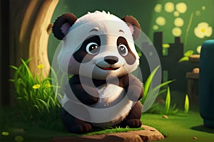 A cute cheerful baby panda bear in a 3D cartoon animation character style, with a charming and friendly character on forest