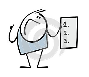 Cute cheerful boy holds sheet of paper with instructions on the points. Vector illustration of cartoon stickman and