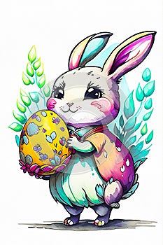 A cute cheerful bunny holds a large colorful Easter egg in his paws