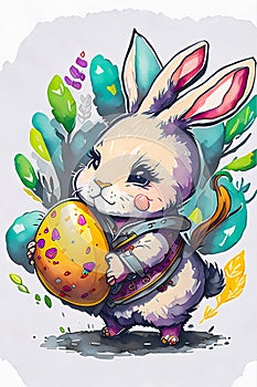 A cute cheerful bunny holds a large colorful Easter egg in his paws