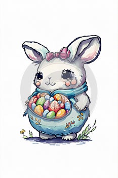 A cute cheerful bunny holds a many colorful Easter egg in his paws