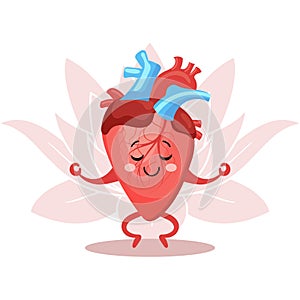 Cute cheerful cartoon character of healthy human heart in yoga pose. Human anatomy, medical concept. Illustration, icon