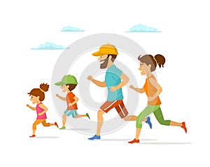 Cute cheerful cartoon family running jogging together isolated vector illustration outdoor exercising i