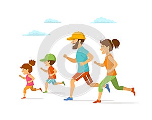 Cute cheerful cartoon family running jogging together isolated vector illustration outdoor exercising i photo