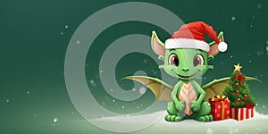 Cute, cheerful cartoon green dragon with wings symbol new year 2024 in red Santa hat on snowy background with copy space