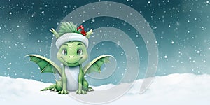 Cute, cheerful cartoon green dragon with wings symbol new year 2024 on snowy background with copy space. Mascot of the