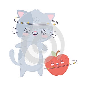 Cute cheerful cat and apple kawaii cartoon character