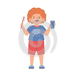 Cute cheerful child boy with toothbrush, flat vector illustration isolated.