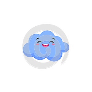 Cute and cheerful cloud with smiling face, cartoon flat vector illustration isolated on white background.