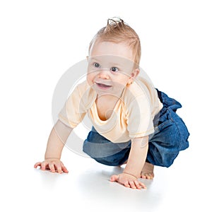 Cute cheerful crawling baby boy on white