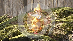 A cute cheerful elf is dancing a fiery dance on a green stone in a summer sunny forest. Fairy elven magic concept. 3D
