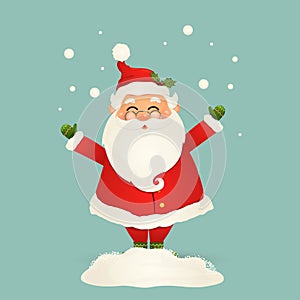 Cute, Cheerful, funny Santa Claus with glasses, waving hands and greeting, falling snow, snowdrift isolated. Santa clause for wint