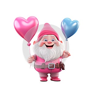 Cute cheerful gnome with balloons clipart on a transparent background. Valentine\'s Day illustration design in pink colors