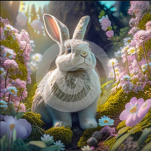 A cute cheerful hare sits in the forest on a green lawn in flowers. Generative AI