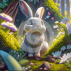 A cute cheerful hare sits in the forest on a green lawn in flowers. Generative AI