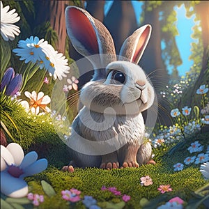 A cute cheerful hare sits in the forest on a green lawn in flowers. Generative AI