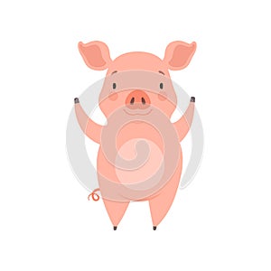 Cute cheerful little pig, funny piglet cartoon character vector Illustration on a white background