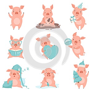 Cute cheerful little pink pigs set, funny piglets cartoon characters in different situations vector Illustration on a