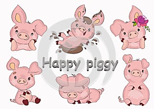 Cute cheerful little pink pigs set