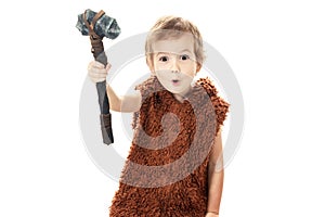 Cute cheerful naughty child playing with axe isolated on white