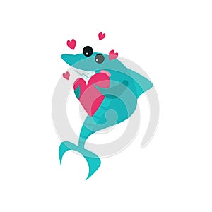 Cute cheerful shark cartoon character holding pink heart, funny blue fish cartoon vector Illustration