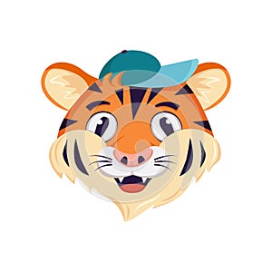 Cute cheerful tiger character, face with happy emotions and smile. Wild animals of africa, cartoon muzzle in a cap