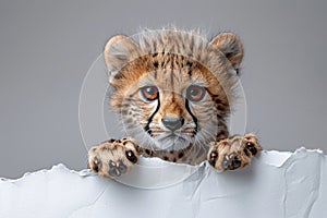 Cute Cheetah Cub Peeking Over a Torn Paper photo