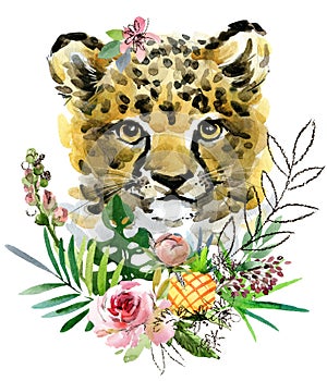 Cute cheetah cub. wild animals watercolor illustration