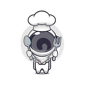 Cute chef astronaut mascot cartoon character holding spoon and fork.