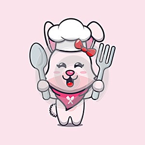 Cute chef bunny mascot cartoon character holding spoon and fork.