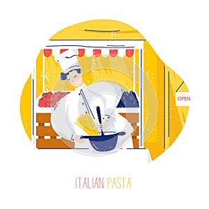 Cute chef cooks pasta in the restaurant. Vector culinary banner