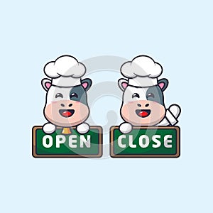 Cute chef cow mascot cartoon character with open and close board.